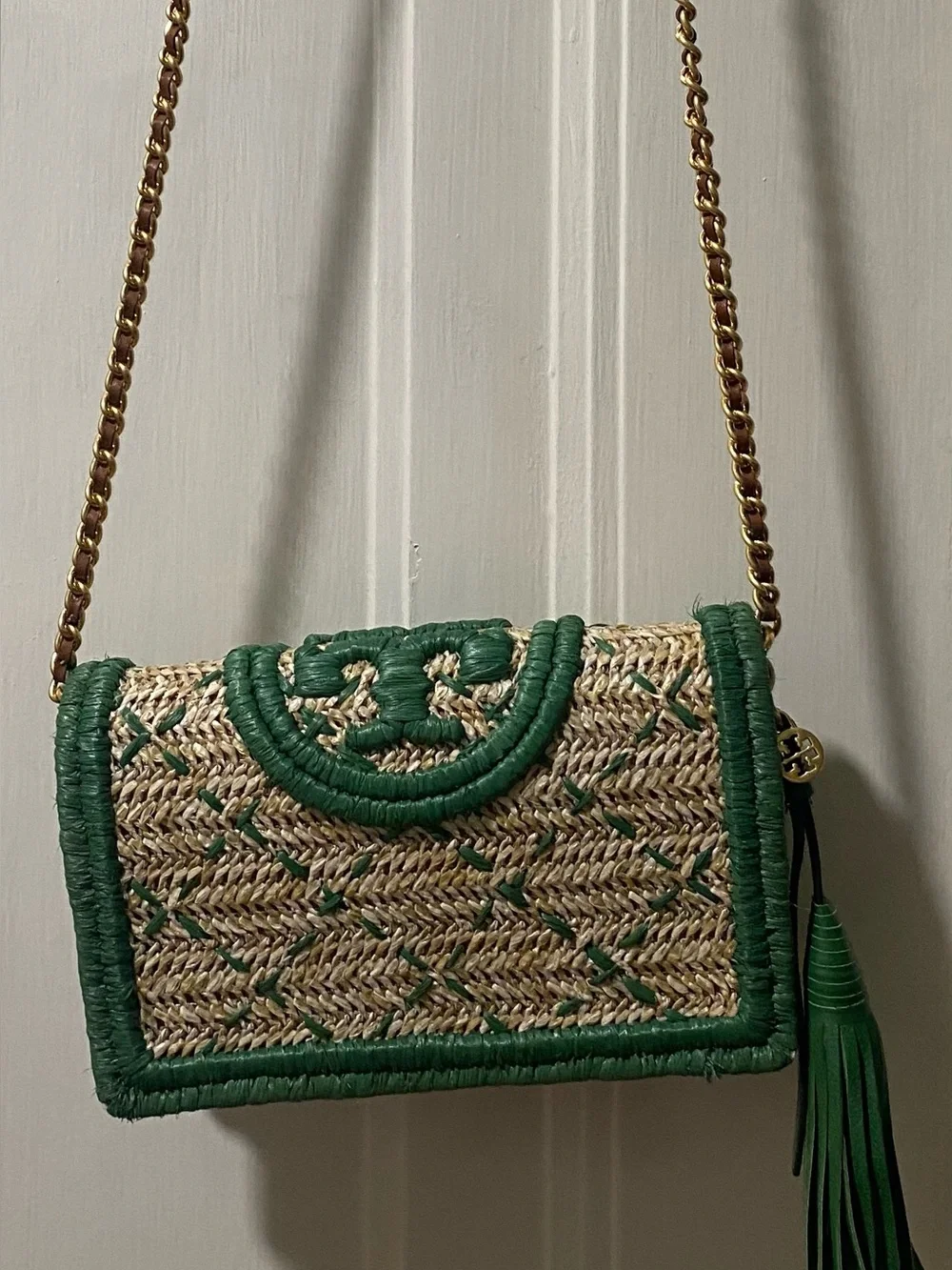 Tory Burch Straw Crossbody Bag with Green Trim and Gold Chain